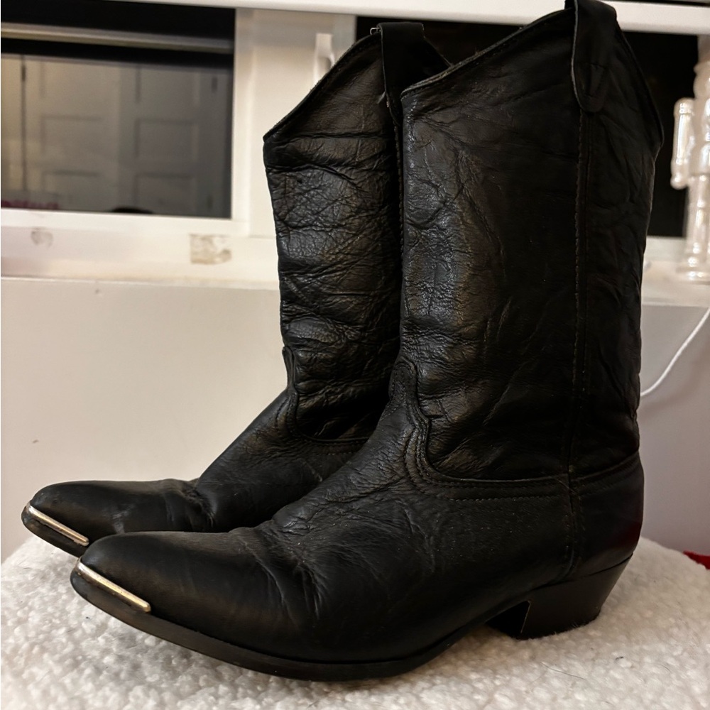 Black real leather cowboy boots